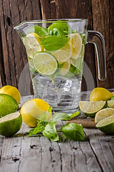 Lime lemons limonade, fresh herbs and ice in