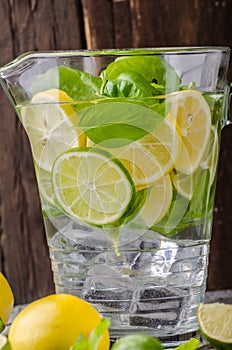 Lime lemons limonade, fresh herbs and ice in