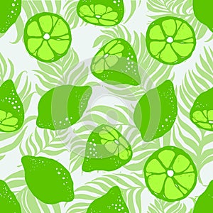 Lime and palm leaves seamless vector pattern. Seamless pattern with lime on dypsis palm leaves light background. Fruit background