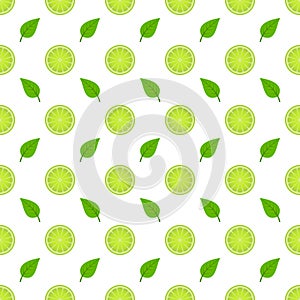 Lime seamless pattern with green leaves, slice citrus white background
