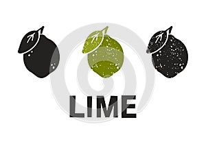 Lime, silhouette icons set with lettering. Imitation of stamp, print with scuffs. Simple black shape and color vector illustration