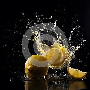 Lime slices dropping or falling in clear water with bubbles photo