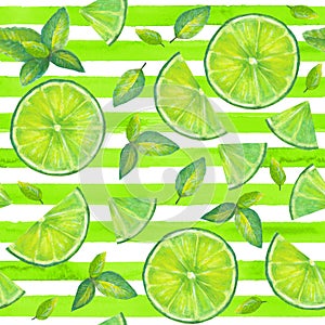 Lime slices, mint leaves seamless striped pattern