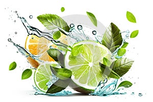 Lime slices with mint leaves on white and water splash background. Generative ai