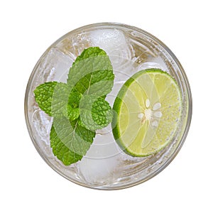 Lime soda mojito drink cocktail with mint top view isolated on white background, path