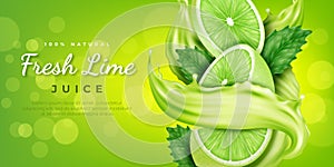 Lime in splash, green juice poster. Slice of lemon citrus, fresh fruit drink promo web banner, realistic nature cold