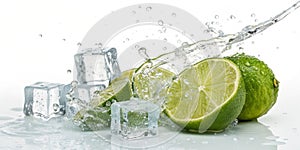 Lime splash with ice cubes on white