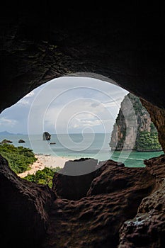 Lime Stone Formations and Beach seen from a Cave, Phra Nang