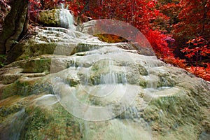 Lime stone water falls and red leaves plant