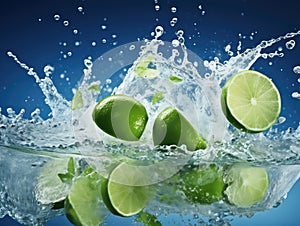 Lime in water with splash on blue background. Fresh citrus fruit slices flying objects