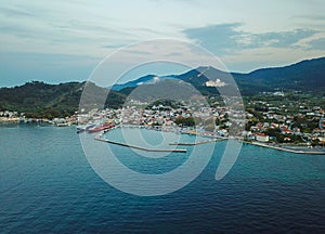 Limenas City in Thassos Islan , Greece , aerial drone image at sunset
