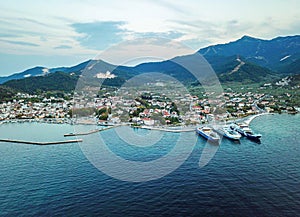 Limenas City in Thassos Islan , Greece , aerial drone image at sunset