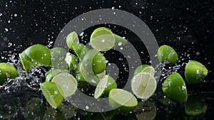 Limes falling with water on black background