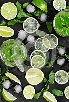 Limes, fresh mint and ice on old grunge black background.