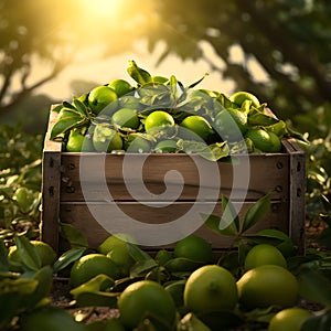 Limes harvested in a wooden box with orchard and sunshine in the background.