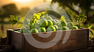 Limes harvested in a wooden box with orchard and sunshine in the background.