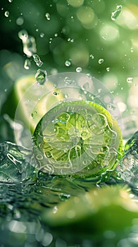 Limes on ice,closeup on a green background,with water drops,fresh and juicy fruit,healthy food