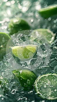 Limes on ice,closeup on a green background,with water drops,fresh and juicy fruit,healthy food