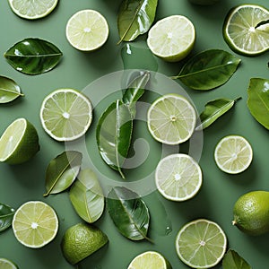 Limes, lime slices, wedges and leaves lying on an green surface. Top close-up view. Ai generated