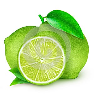 Limes with slices and leaves isolated on white background