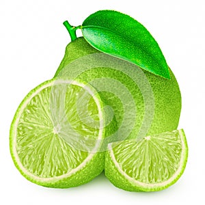 Limes with slices and leaves isolated on white background