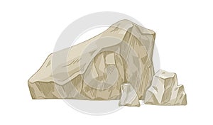 Limestone boulder and pieces. Big solid sedimentary rock formation. Rough camstone. Geology drawing of mountain ore