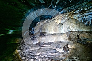 Limestone cave of stalactite and stalagmite formations, Gruta da Lapa Doce Cave, Chapada Diamantina in Bahia, Brazil