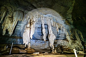 Limestone cave of stalactite and stalagmite formations, Gruta da Lapa Doce Cave, Chapada Diamantina in Bahia, Brazil