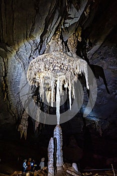 Limestone cave of stalactite and stalagmite formations, Gruta da Lapa Doce Cave, Chapada Diamantina in Bahia, Brazil