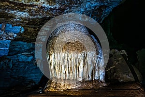 Limestone cave of stalactite and stalagmite formations, Gruta da Lapa Doce Cave, Chapada Diamantina in Bahia, Brazil