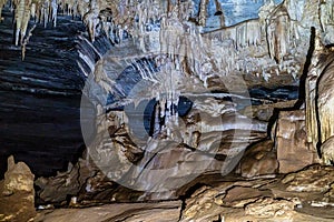 Limestone cave of stalactite and stalagmite formations, Gruta da Lapa Doce Cave, Chapada Diamantina in Bahia, Brazil