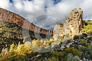 Limestone cliffs of Turia canyon lit up by the sun near Chulilla