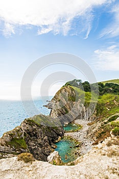 Limestone Foldings on Stair Hole Chalk Cliffs and Atlantic Ocean photo