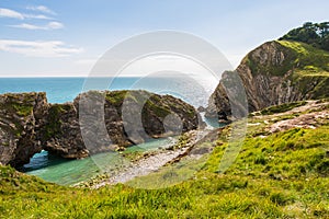 Limestone Foldings on Stair Hole Chalk Cliffs and Atlantic Ocean photo