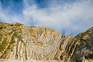 Limestone Foldings on Stair Hole Chalk Cliffs and Blue Sky photo