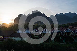 Limestone Formation Landscape and Hotel, Resort in Vang Vieng, Laos