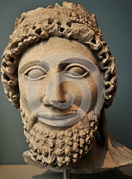 Limestone head from a statue of a bearded worshipper found in Cyprus exhibited at the British Museum in London