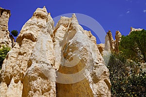 Limestone high chimneys formation geologic landscape in Orgues Ille sur Tet Languedoc in France