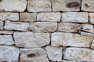 Limestone masonry, rough uneven pieces of sandstone, texture background backdrop. White gray textured surface