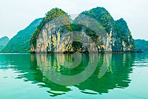 Limestone mountains at sea in Halong Bay, Vietnam