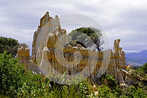 Limestone panoramic chimneys formation geologic landscape in Orgues Ille sur Tet Languedoc in France