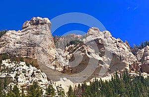 Limestone rock formation with pine tress. Southern Utah