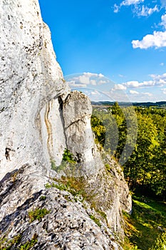 Limestone rock tower in Gora Birow Mountain stronghold near Ogrodzieniec Castle in Podzamcze of Silesia in Poland