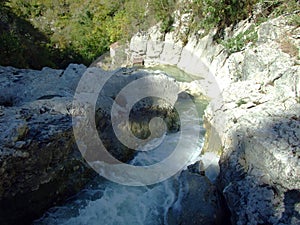 Limestone rocks and the upper course of the Mirna River in the village of Kotli - Buzet, Croatia / Vapnenacke stijene i gornji tok