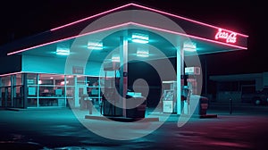 Liminal 70s style gas station in night with neon lit. Generative AI