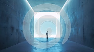 liminal space ,man standing in the middle of a blue concrete hallway looking at a bright light at the end of the hall