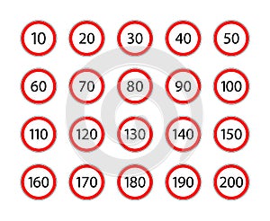 Limit speed sign for car. Set of road sign with restriction of speed of 50, 60, 90, 20, 80, 120, 130, 70, 30, 100, 40, 10, 110,