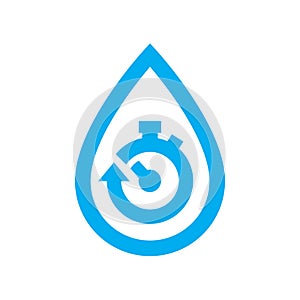 Limit water use icon. Blue stopwatch in water drop symbol