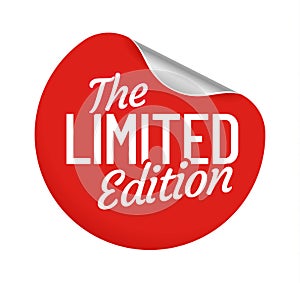Limited edition round label sticker. Seller offer for purchase adhesive badge with corner curl. Red circle