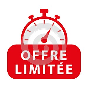 Limited offer in french. Red vector icon with chronometer.